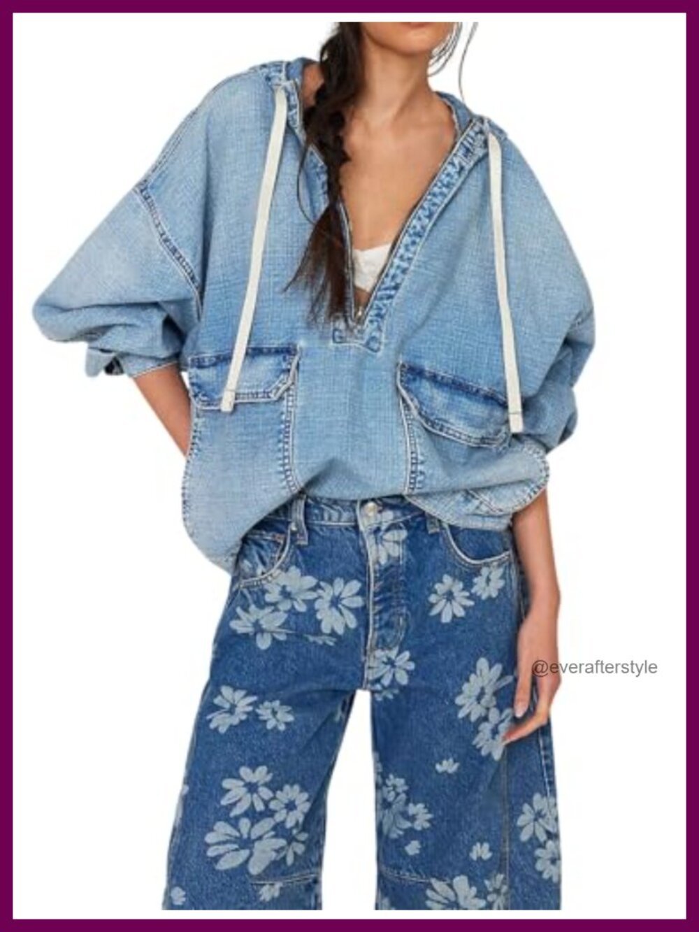 Women's Oversized Denim Hoodie Half Zip Pullover Western Jean Sweatshirt